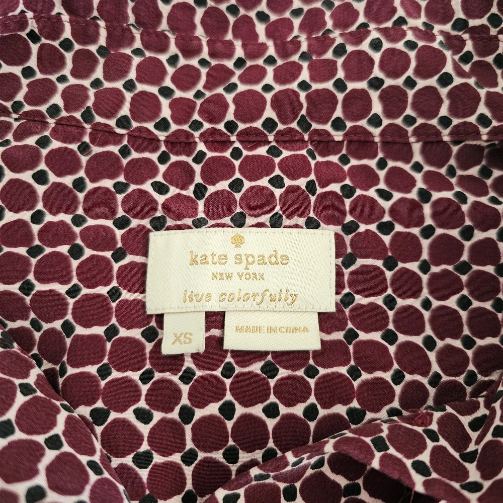 Kate‎ Spade Women’s Silk Blouse LS Maroon Print Button Front XS